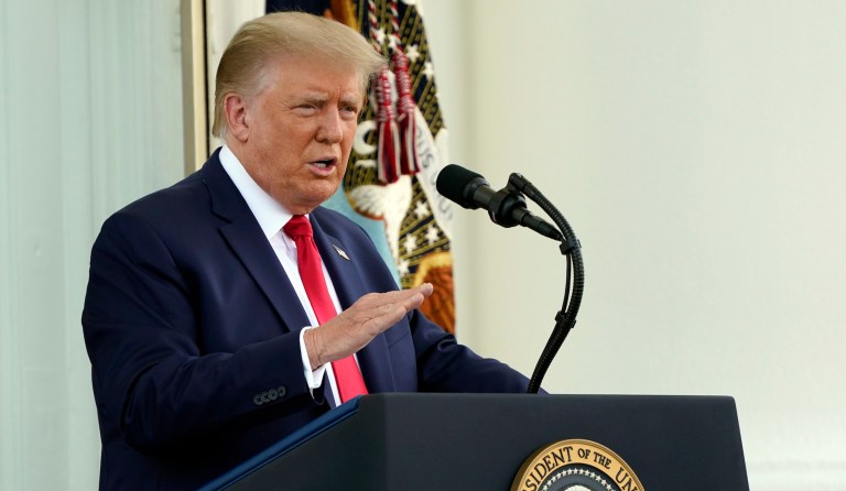 President Donald Trump speaks during a news conference on the North Portico of the White House, Monday, Sept. 7, 2020, in Washington. 