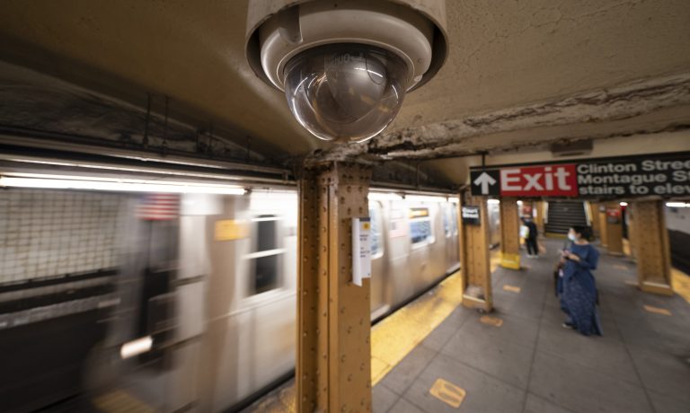 They're watching. A video surveillance camera is installed on the ceiling above a subway platform in the Court Street station, Wednesday, Oct. 7, 2020 in the Brooklyn borough of New York.