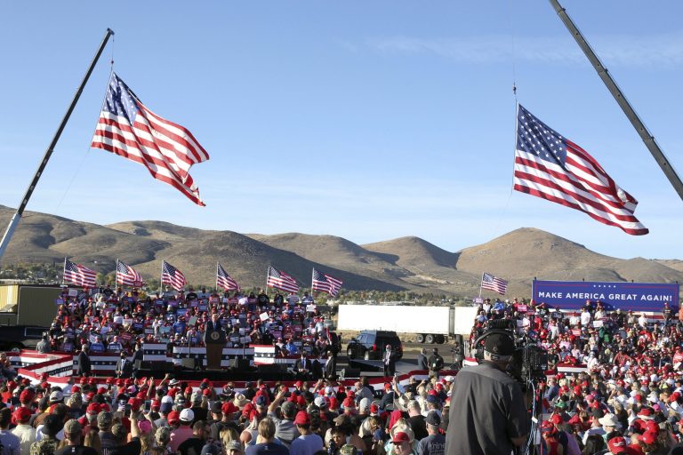 President Donald Trump speaks at a campaign rally at Carson City Airport, Sunday, Oct. 18, 2020, in Carson City, Nev.