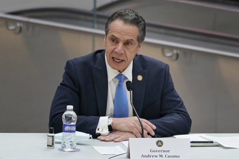 FILE - In this Dec. 30, 2020, file photo, New York Gov. Andrew Cuomo speaks during a ribbon cutting ceremony at the Moynihan Train Hall in New York. (AP Photo/Seth Wenig, File)