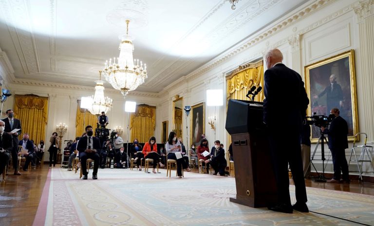 President Joe Biden speaks during a news conference in the East Room of the White House, Thursday, March 25, 2021, in Washington.