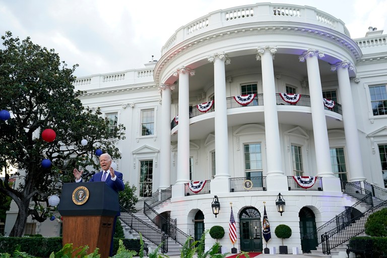 President Joe Biden speaks during an Independence Day celebration on the South Lawn of the White House, Sunday, July 4, 2021, in Washington. 
