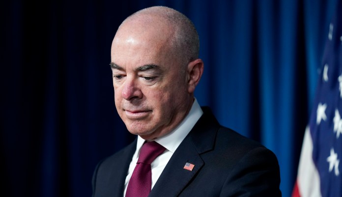 Homeland Security Secretary Alejandro Mayorkas updates reporters on the effort to resettle vulnerable Afghans in the United States, in Washington, Friday, Sept. 3, 2021. 