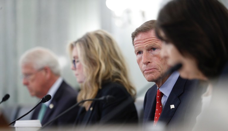 Sen. Richard Blumenthal, D-Conn., looks on during a Senate Commerce, Science and Transportation Subcommittee on Consumer Protection, Product Safety and Data Security hearing on children's online safety and mental health, Thursday, Sept. 30, 2021, on Capitol Hill in Washington.
