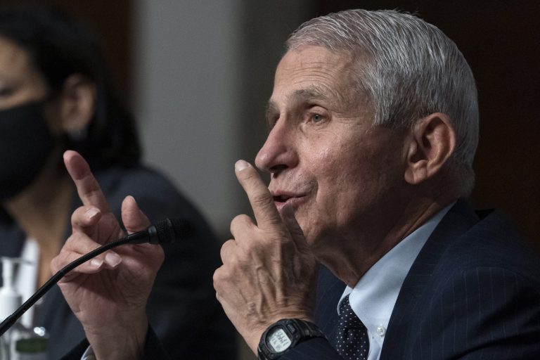 Dr. Anthony Fauci, right, director of the National Institute of Allergy and Infectious Diseases, speaks during a Senate Health, Education, Labor, and Pensions Committee hearing on Capitol Hill, Thursday, Nov. 4, 2021, in Washington.