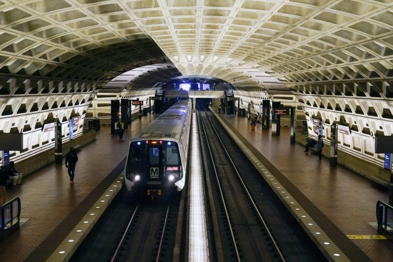 A train arrives at Metro Center station in Washington, April 23, 2021.