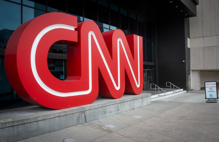 A sign at the entrance to the CNN Center is shown on Wednesday, Feb. 2, 2022, in Atlanta. 