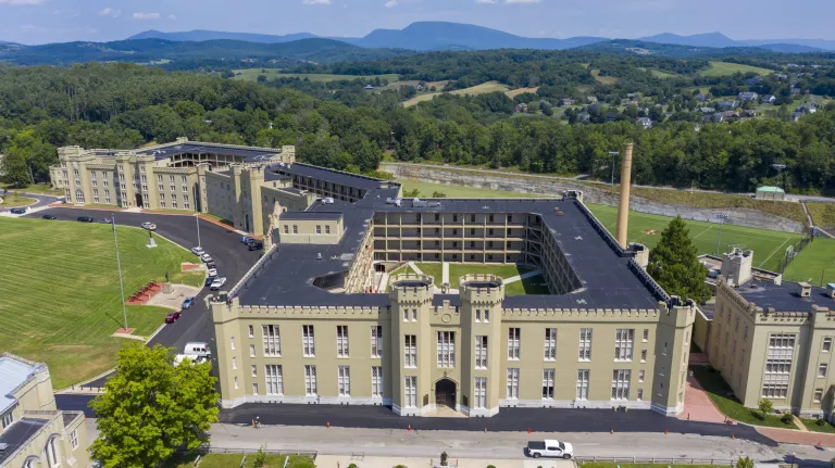 The barracks at Virginia Military Institute in Lexington, Virginia, are seen from above.