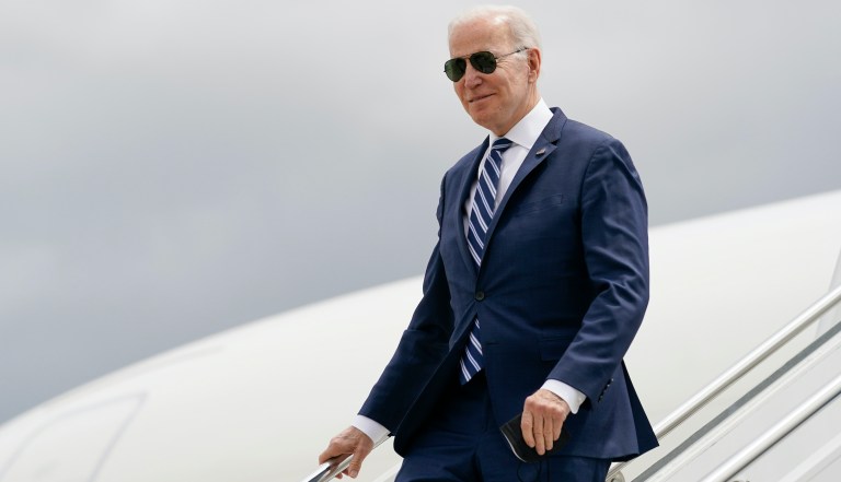President Joe Biden arrives on Air Force One at Piedmont Triad International Airport, in Greensboro, North Carolina, Thursday, April 14, 2022, en route to North Carolina Agricultural and Technical State University.  
