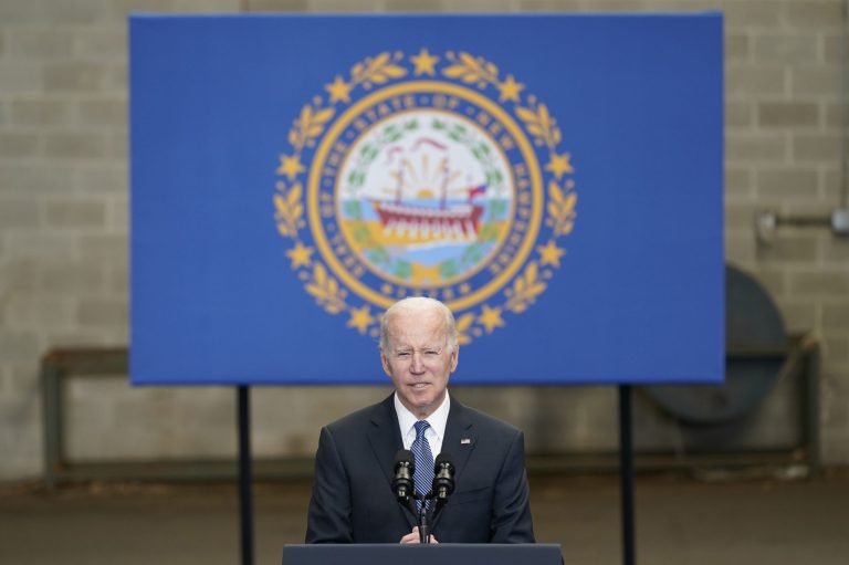 President Joe Biden speaks about his infrastructure agenda at the New Hampshire Port Authority in Portsmouth, N.H., Tuesday, April 19, 2022.