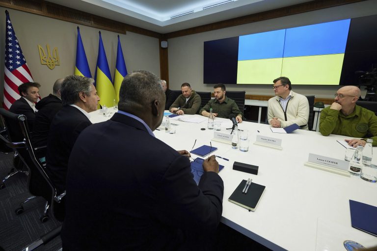 Secretary of Defense Lloyd Austin and Secretary of State Antony Blinken meet with Ukrainian President Volodymyr Zelensky Sunday, April 24, 2022, in Kyiv, Ukraine.