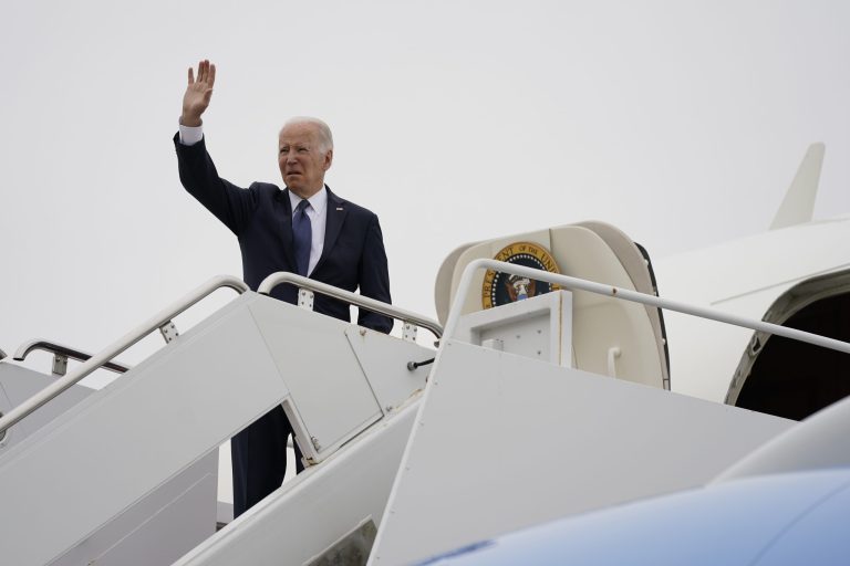 President Joe Biden waves as he boards Air Force One at Delaware Air National Guard Base in New Castle, Del., Monday, April 25, 2022. Biden is returning to Washington after spending the weekend at his home in Delaware.