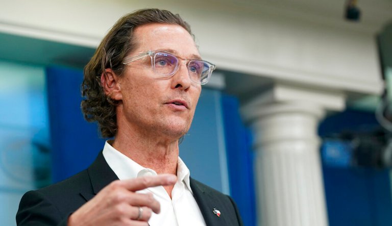 Matthew McConaughey, a native of Uvalde, Texas, talks about the mass shooting in Uvalde as he joins White House press secretary Karine Jean-Pierre for the daily briefing at the White House on June 7, 2022 in Washington.
