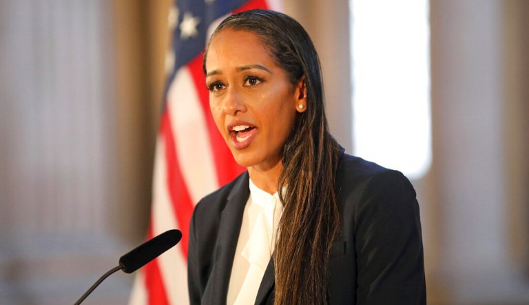 Brooke Jenkins addresses a news conference at City Hall on July 7, 2022, in San Francisco.