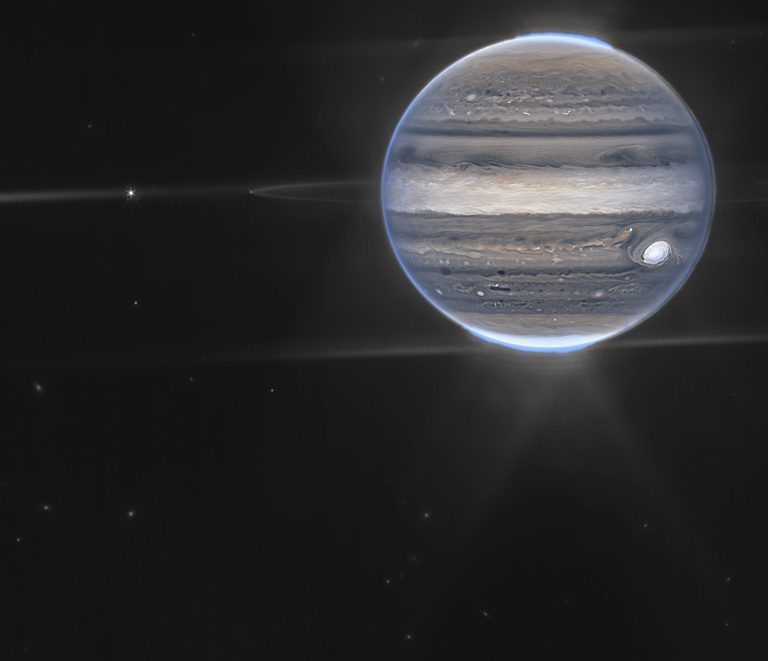 This image provided by NASA shows a false color composite image of Jupiter obtained by the James Webb Space Telescope.