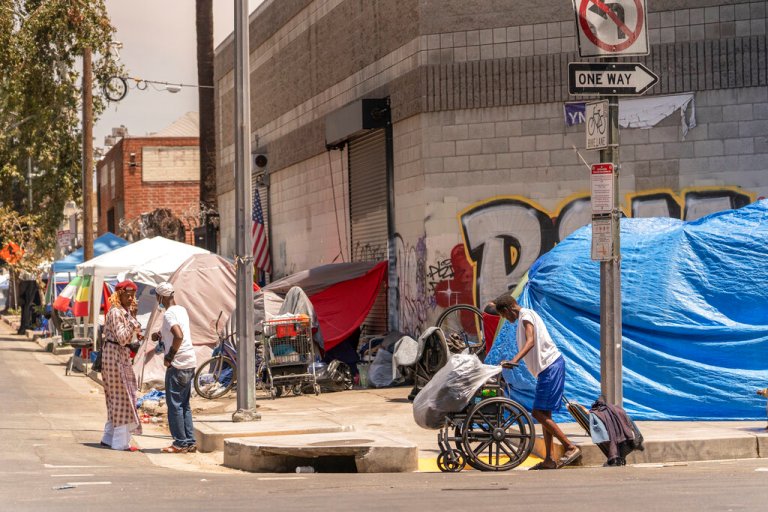 Tents line the streets of the Skid Row area of Los Angeles Friday, July 22, 2022. 