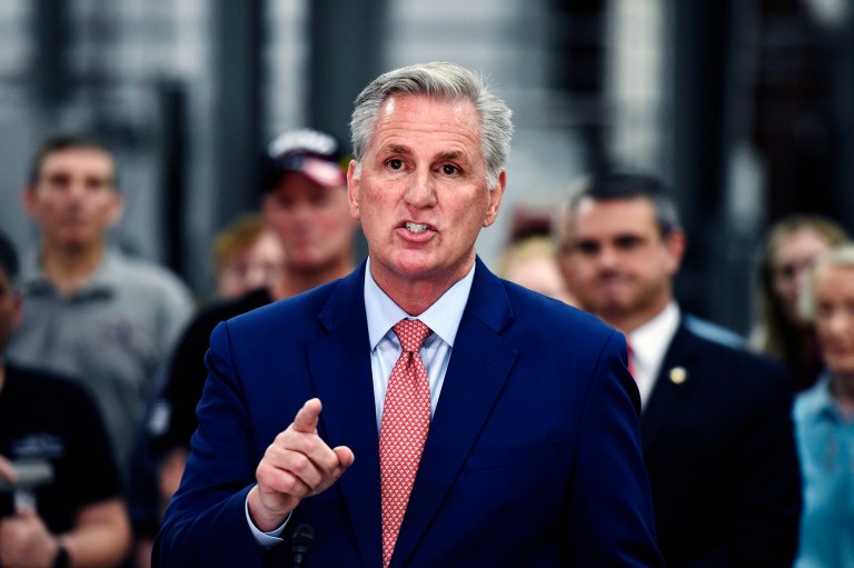 House Minority Leader Kevin McCarthy (R-CA) makes a speech at Don's Machine Shop in West Pittston, Pennsylvania, on Thursday.