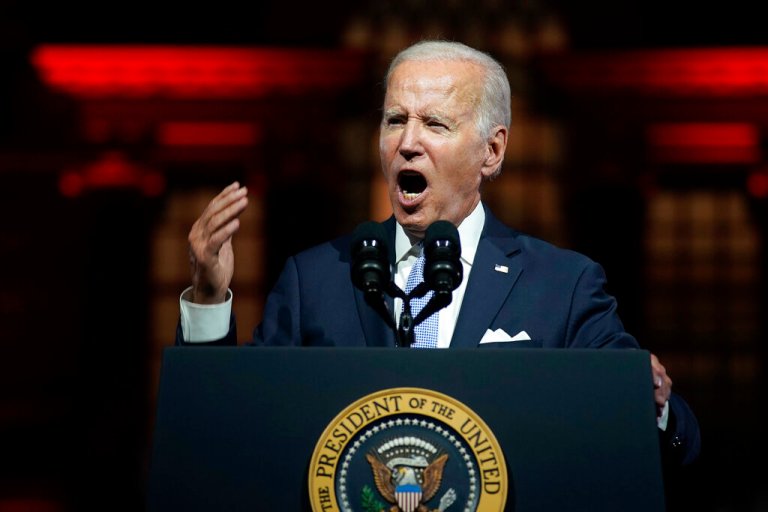 President Joe Biden speaks outside Independence Hall on Sept. 1, 2022, in Philadelphia. 