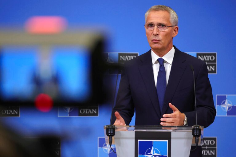NATO Secretary General Jens Stoltenberg speaks during a media conference at NATO headquarters in Brussels, Friday, Sept. 30, 2022. 