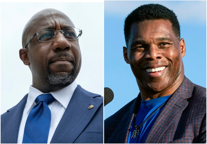 Sen. Raphael Warnock, D-Ga., speaking to reporters on Capitol Hill in Washington, Aug. 3, 2021, left, and Republican Senate candidate Herschel Walker speaking in Perry, Ga., Sept. 25, 2021.