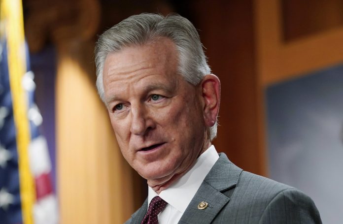Sen. Tommy Tuberville, R-Ala., listens to question during a news conference March 30, 2022, in Washington. 