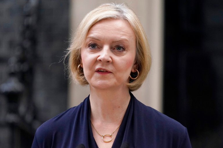 Liz Truss addresses the media in Downing Street in London, Thursday, Oct. 20, 2022 after resigning as leader of the UK Conservative Party and prime minister