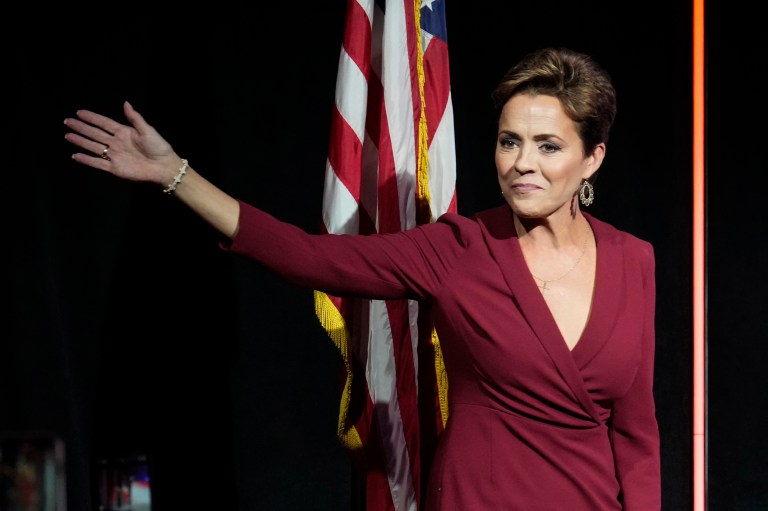 Kari Lake, Arizona Republican candidate for governor, waves to her supporters at the Republican watch party in Scottsdale, Arizona, Tuesday, Nov. 8, 2022. 