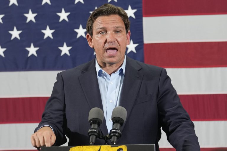 Republican Florida Governor Ron DeSantis speaks during a campaign rally, Nov. 7, 2022, in Hialeah, Florida. 