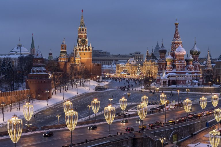 The Kremlin Wall, the Spasskaya Tower, Red Square, the GUM department store, the St. Basil's Cathedral and the Bolshoy Moskvoretsky Bridge are decorated for the New Year and Christmas festivities in Moscow.