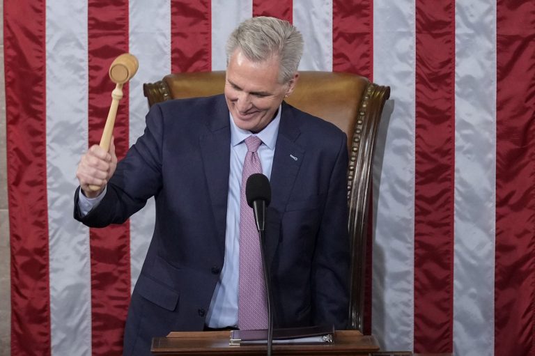 Incoming House Speaker Kevin McCarthy of California holds the gavel on the House floor at the U.S. Capitol in Washington, early Saturday, Jan. 7, 2023. 