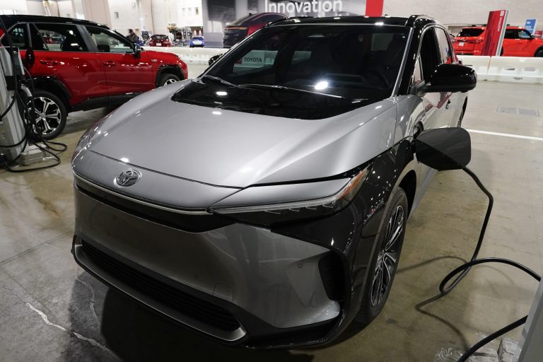 The Toyota bZ4X displayed at the Philadelphia Auto Show, Friday, Jan. 27, 2023, in Philadelphia. 