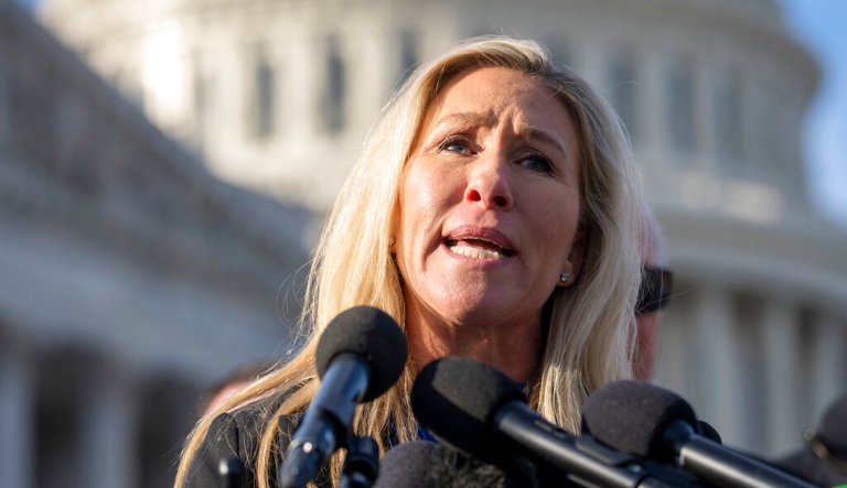 Rep. Marjorie Taylor Greene (R-GA) calls for impeaching Homeland Security Secretary Alejandro Mayorkas during a news conference on Capitol Hill, Wednesday, Feb. 1, 2023, in Washington.