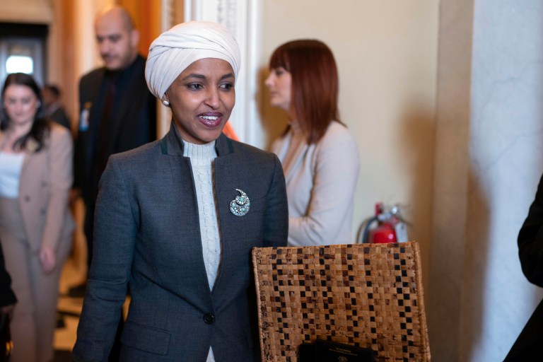Rep. Ilhan Omar (D-MN) leaves the House chamber at the Capitol in Washington, Thursday, Feb. 2, 2023. House Republicans have voted to oust Omar from the House Foreign Affairs Committee. The vote in a raucous session on Thursday to remove the Somali-born Muslim lawmaker came after her past comments critical of Israel. 