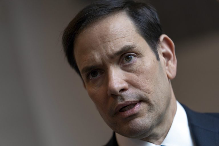 Senate Intelligence Committee Vice Chairman Marco Rubio, R-Fla., talks to reporters after a closed-door briefing on the Chinese surveillance balloon that flew over the United States, at the Capitol in Washington, Thursday, Feb. 9, 2023. (AP Photo/J. Scott Applewhite)