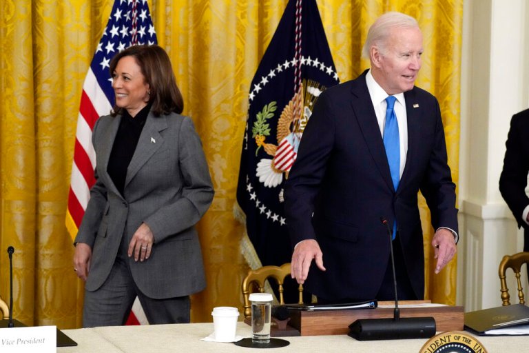 President Joe Biden and Vice President Kamala Harris arrive for a meeting with the National Governors Association in the East Room, Friday, Feb. 10, 2023, in Washington.
