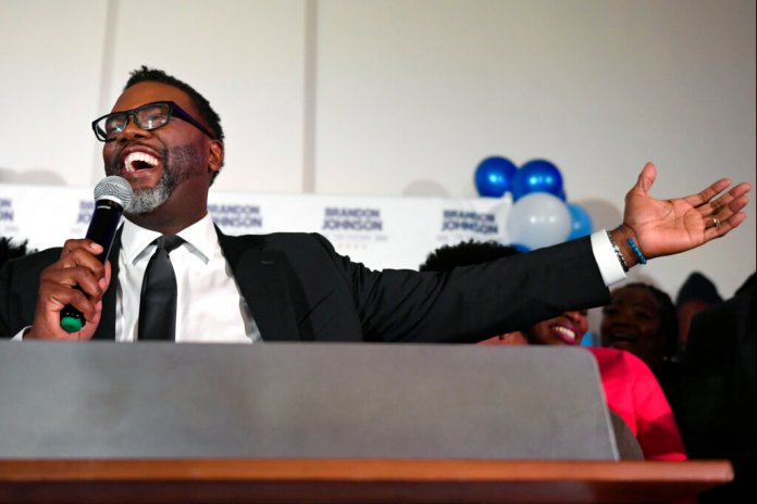 Chicago mayoral candidate Cook County Commissioner Brandon Johnson addresses his supporters, Tuesday, Feb. 28, 2023, in Chicago. 
