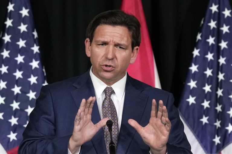 FILE - Florida Gov. Ron DeSantis speaks as he announces a proposal for Digital Bill of Rights, Feb. 15, 2023, at Palm Beach Atlantic University in West Palm Beach, Fla.