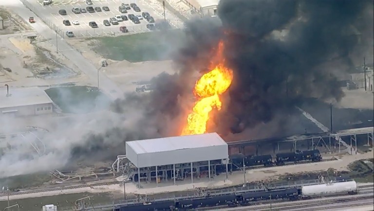 Smoke fills the air from a plant fire in Pasadena, Texas on Wednesday, March 22. 2023. (KTRK via AP)