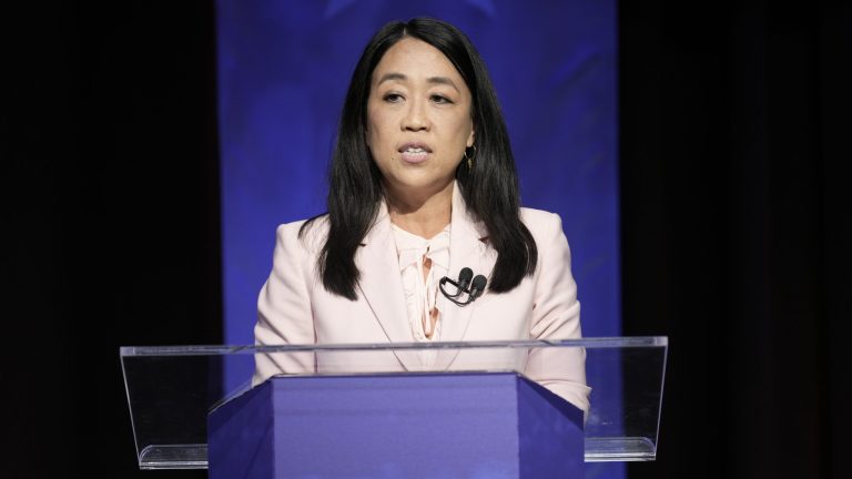 Mayoral candidate Helen Gym takes part in a Democratic primary debate at the WPVI-TV studio in Philadelphia, Tuesday, April 25, 2023. 