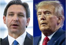 This combination of photos shows Florida Gov. Ron DeSantis speaking on April 21, 2023, in Oxon Hill, Md., left, and former President Donald Trump speaking on March 4, 2023, at National Harbor in Oxon Hill, Md.