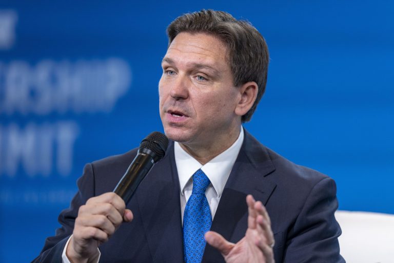 Florida Gov. Ron DeSantis speaks at the Heritage Foundation 50th Anniversary Celebration leadership summit, Friday, April 21, 2023, in Oxon Hill, Md.