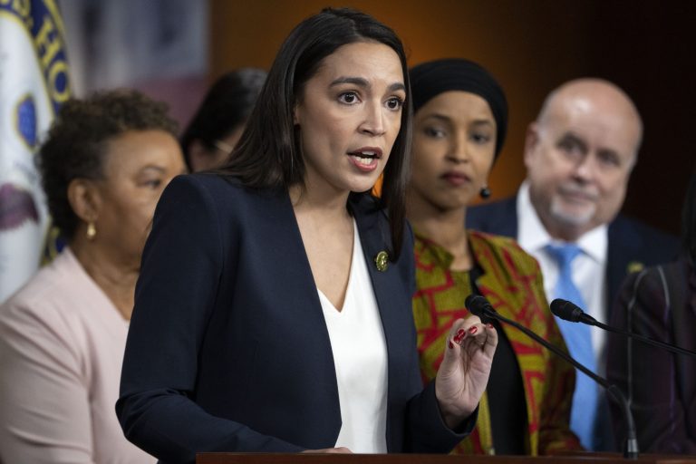 Rep. Alexandria Ocasio-Cortez, D-N.Y., speaks during a news conference by the Congressional Progressive Caucus on the threat of default, Wednesday, May 24, 2023, on Capitol Hill in Washington.