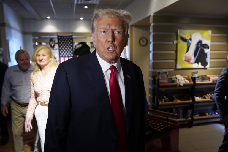 Former President Donald Trump greets supporters before speaking at the Westside Conservative Breakfast, Thursday, June 1, 2023, in Des Moines, Iowa.
