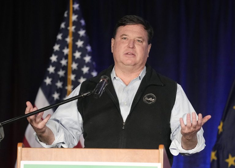 FILE - Indiana Attorney General Todd Rokita speaks during a watch party for Jennifer-Ruth Green, the Republican candidate for Indiana's 1st Congressional District, in Schererville, Ind., Nov. 8, 2022. (AP Photo/Darron Cummings, File)