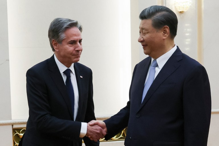 U.S. Secretary of State Antony Blinken shakes hands with Chinese President Xi Jinping in the Great Hall of the People in Beijing, China, Monday, June 19, 2023. 