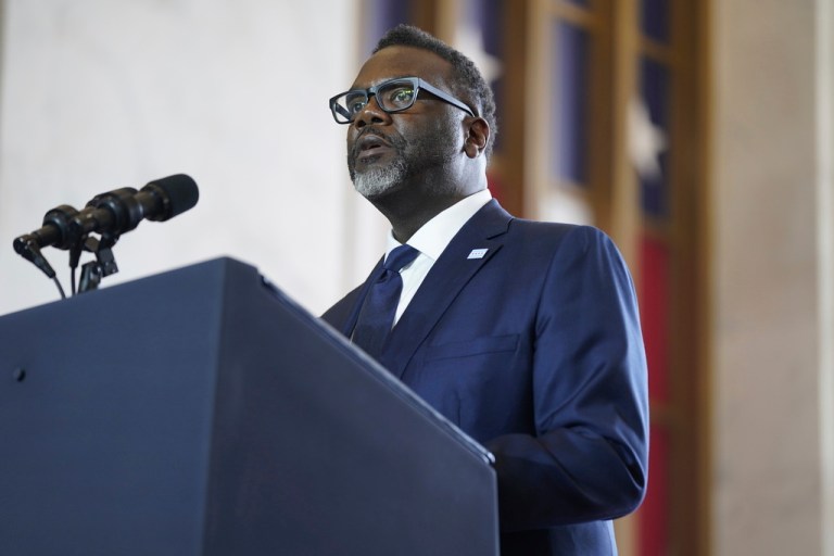 Chicago Mayor Brandon Johnson addresses the crowd before President Joe Biden delivers remarks on the economy, Wednesday, June 28, 2023, at the Old Post Office in Chicago.