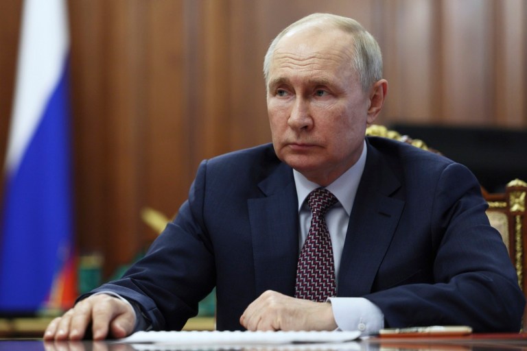 Russian President Vladimir Putin listens to Russian Federal Space Agency Roscosmos CEO Yuri Borisov during their meeting at the Krem in Moscow, Russia, Friday, June 30, 2023.