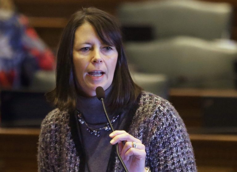 FILE - In this Feb. 5, 2014 file photo, Illinois Rep. Kelly Burke, D-Oak Lawn, speaks to lawmakers on the House floor at the state Capitol in Springfield, Ill.