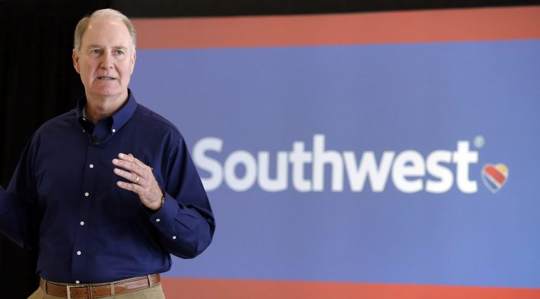 Southwest Airlines CEO Gary Kelly speaks during a preview of the new international concourse at Houston Hobby Airport  Thursday, Oct. 8, 2015, in Houston.