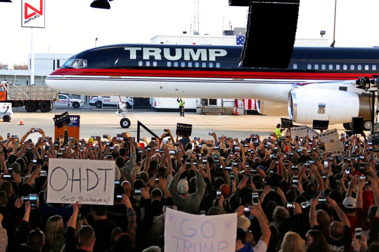 Then-Republican presidential candidate, Donald Trump's Boeing 757 pulls up to a hanger for a plane-side rally at Youngstown-Warren Regional Airport in Vienna, Ohio, Monday, March 14, 2016.